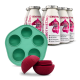 Flaschen mit SmoothieDog Sensitive hypoallergenem Hundesnack mit grünem Silikonform-Tablett und rotem Leckerli-Spenderball.