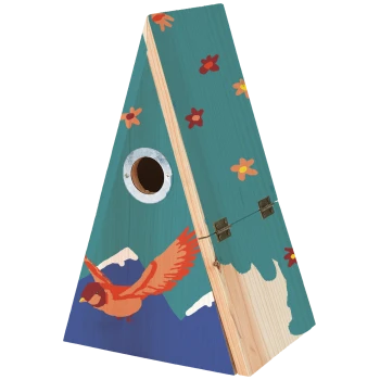 Colorful birdhouse with a triangular shape, featuring a painted bird in flight and floral designs on a teal background.