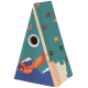 Colorful birdhouse with a triangular shape, featuring a painted bird in flight and floral designs on a teal background.