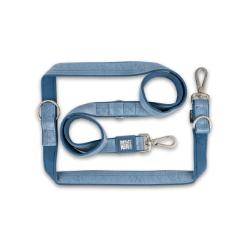 Blaue verstellbare Hundeleine mit Metallclips und Ringen, mit Markenetikett „Max & Molly“.