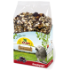 Eine durchsichtige Tüte mit Samen und getrockneten Früchten beschriftet "JR FARM Individual" mit einer grauen Papageienillustration und "Graupapagei."