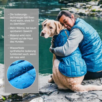 Eine Person in einer blauen Steppweste umarmt einen Golden Retriever an einem Fluss. Der Text hebt Isolierungstechnologie, Wärme und Wasserbeständigkeit hervor.