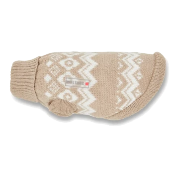 Beiger gestrickter Hundepullover mit weißem Zickzackmuster, geripptem Kragen und sichtbarem „WOLTERS“-Markenetikett.