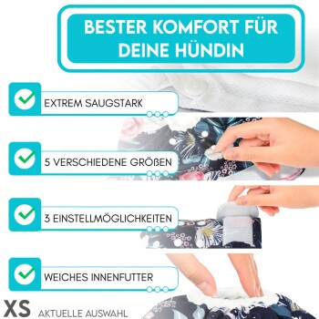 Bester Komfort für deine Hündin: extrem saugstark, 5 Größen, 3 Einstellmöglichkeiten, weiches Innenfutter, XS aktuelle Auswahl.
