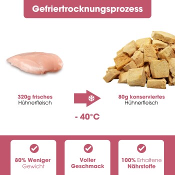 Fütterungsempfehlungen für Hundeleckerlis, zeigt Gewichtskategorien und tägliche Portionsgrößen, mit einem Glas Leckerlis in der Mitte.