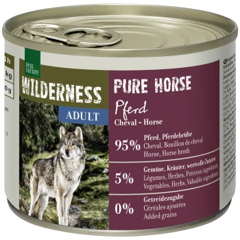 Nourriture pour animaux en conserve "Wilderness Pure Horse" avec une image de loup, 95 % de viande de cheval, 5 % de légumes et d'herbes, sans céréales ajoutées.