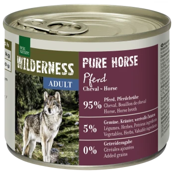 Dosenfutter für Haustiere "Wilderness Pure Horse" mit einem Wolfbild, 95% Pferdefleisch, 5% Gemüse und Kräuter, keine zugesetzten Körner.