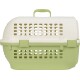 Plastic pet carrier with ventilation holes and a green handle, suitable for small animals.