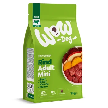 Grüne Wow Dog 'Rind Adult Mini'-Hundefuttertüte zeigt Rindfleisch und Gemüse; Text 'mit Rind', '87%', '0%', 1 kg