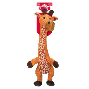 Orange plush giraffe dog toy with long neck, patterned belly and brown hooves, attached red tag reading 'KONG'.