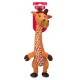 Orange plush giraffe dog toy with long neck, patterned belly and brown hooves, attached red tag reading 'KONG'.