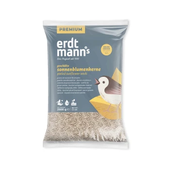 Tüte Erdtmann's Premium geschälte Sonnenblumenkerne für Vögel, 2500g, mit Vogelillustration und mehrsprachigem Text.
