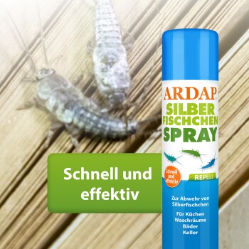 Eine Dose ARDAP Silberfischchen Spray neben zwei Silberfischen auf Holz, mit dem Text: "Schnell und effektiv" und "Zur Abwehr von Silberfischchen."