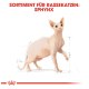Illustration einer Sphynx-Katze mit ausgeprägten Merkmalen, beschriftet mit "SORTIMENT FÜR RASSEKATZEN: SPHYNX" oben.