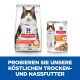 Hill's Science Plan Tierfutterverpackung mit Katze, die "Perfekte Verdauung" für Trocken- und Hühnernassfutter hervorhebt. Text: "Probieren Sie unser köstliches Futter."