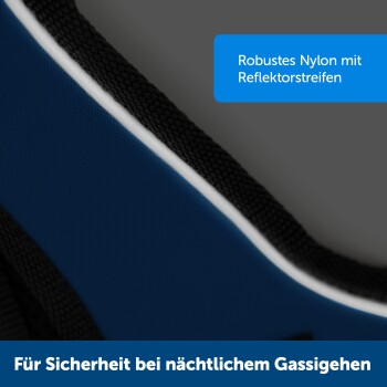 Nahaufnahme eines blauen Haustierzubehörs aus robustem Nylon mit reflektierenden Streifen, mit Text über Sicherheit bei nächtlichen Spaziergängen.
