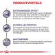 Das Bild zeigt Produktvorteile für ein Katzenfutter, einschließlich entspannender Effekte, Haarballenkomplex und Unterstützung der Hautbarriere, mit Text auf Deutsch.