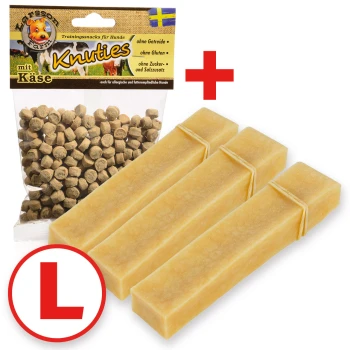 Yaky Kaukäse L 3er Set +Snack Hundetrainingssnacks in einer Tüte mit der Aufschrift 'Knuties mit Käse' mit drei Käsesticks, gekennzeichnet mit einem roten 'L' für große Größe.