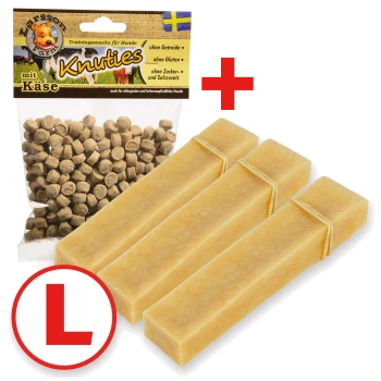 Hundetrainingssnacks in einer Tüte mit der Aufschrift 'Knuties mit Käse' mit drei Käsesticks, gekennzeichnet mit einem roten 'L' für große Größe.