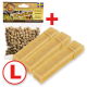 Hundetrainingssnacks in einer Tüte mit der Aufschrift 'Knuties mit Käse' mit drei Käsesticks, gekennzeichnet mit einem roten 'L' für große Größe.