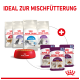 Royal Canin Katzenfutterprodukte: Tüten von "Fit", "Sterilised", "Indoor", "Sensible", "Sensory" Beuteln und einer mit Futter gefüllten Schüssel.