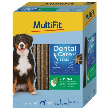 MultiFit Dental Care Sticks Verpackung für Hunde, mit einem Berner Sennenhund und Text: "Keine zugesetzten Zucker" und "Mit Minze für frischen Atem."