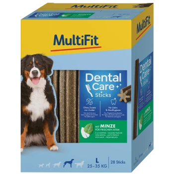 MultiFit Dental Care Sticks Verpackung für Hunde, mit einem Berner Sennenhund und Text: "Keine zugesetzten Zucker" und "Mit Minze für frischen Atem."