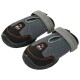 A pair of gray and black dog booties with adjustable straps, featuring a rugged sole for traction, displayed on a white background.
