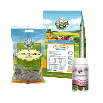 Bellfor Haustierfutterprodukte: "Freiland-Happen mit Huhn" Snacks, "Freiland-Schmaus Junior" Hundefutter und "Immune Junior" Ergänzung.