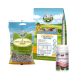 Bellfor Haustierfutterprodukte: "Freiland-Happen mit Huhn" Snacks, "Freiland-Schmaus Junior" Hundefutter und "Immune Junior" Ergänzung.