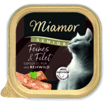 Miamor Senior-Katzenfutter-Schale mit der Aufschrift ‚Feines & Filet, Geflügel pur mit Rehwild‘, zeigt ein graues Katzenprofil und Fleischstücke.