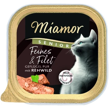 Miamor Senior-Katzenfutter-Schale mit der Aufschrift ‚Feines & Filet, Geflügel pur mit Rehwild‘, zeigt ein graues Katzenprofil und Fleischstücke.