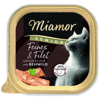 Miamor Senior-Katzenfutter-Schale mit der Aufschrift ‚Feines & Filet, Geflügel pur mit Rehwild‘, zeigt ein graues Katzenprofil und Fleischstücke.