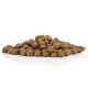 Ein Haufen brauner Haustierfutterkibble auf einer weißen Oberfläche, der seine runde Form und Textur zeigt.