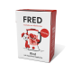 Kartons von FRED Hundesmoothie mit einem Cartoon-Hund und einem Mixer, beschriftet mit "Rind mit Superfood Hagebutte" und "SMOOTHIE."