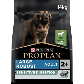Adult Large Robust Sensitive Digestion mit Lamm 14 kg Purina Pro Plan Hundefutterbeutel, 14 kg, mit einem großen robusten erwachsenen Hund. Das Etikett hebt 'Sensitive Digestion' und 'Nr. 1 Zutat Lamm' hervor.