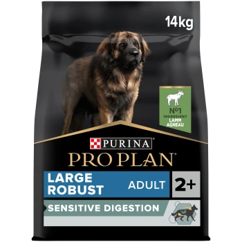 Purina Pro Plan Hundefutterbeutel, 14 kg, mit einem großen robusten erwachsenen Hund. Das Etikett hebt 'Sensitive Digestion' und 'Nr. 1 Zutat Lamm' hervor.