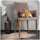 Eine entspannte orangefarbene Katze liegt auf einem stilvollen braunen Stuhl mit einem kleinen schwarz-weißen Kissen, neben einer dekorativen Vase und einer Blume.