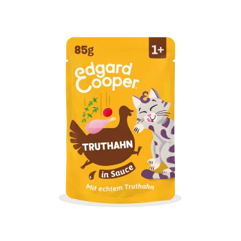 Gelber Edgard-Cooper-Katzenfutterbeutel 85 g, 1+, 'Truthahn in Sauce' mit Cartoon-Katze und Truthahn, 'Mit echtem Truthahn'.