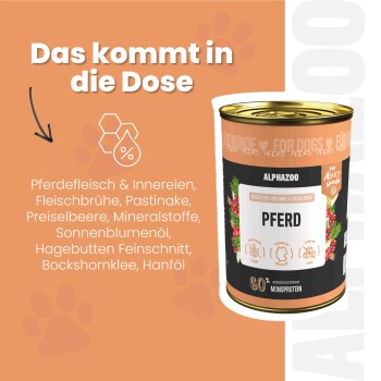 Dose Pferdefutter mit der Aufschrift "Pferdeschmaus Pastinake & Preiselbeere" mit 67% Pferdefleisch, getreidefrei, mit Pastinake und Preiselbeere.