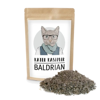 Eine Tüte Katzenminze mit der Aufschrift "Kater Kasimir BALDRIAN", die eine illustrierte Katze mit Brille und Schal zeigt, mit verstreuter Katzenminze daneben.