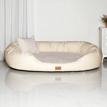 Tierlando® Premium Visco-Schaumstoff-Hundebett-Schichten, die verschiedene Dicken und Materialien zeigen, mit deutschem Text, der die Abmessungen und Schaumstofftypen beschreibt.