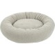 Rundes beiges Sherpa-Fleece-Haustierbett mit erhöhten gepolsterten Seiten und weichem gepolstertem Zentrum.