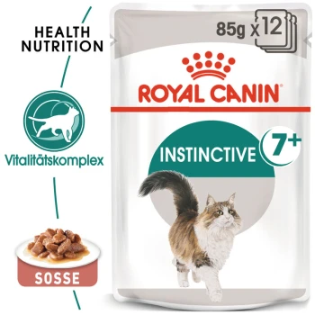 Instinctive 7+ 12x85 g Royal Canin Instinctive 7+ Katzenfutterbeutel, mit einer laufenden Katzenillustration, 85g x 12, mit den Texten "Health Nutrition" und "Sosse."