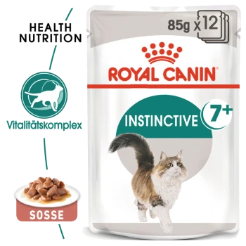 Royal Canin Instinctive 7+ Katzenfutterbeutel, mit einer laufenden Katzenillustration, 85g x 12, mit den Texten "Health Nutrition" und "Sosse."