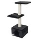 Schwarzer Kratzbaum mit zwei Plattformen, mit Sisal umwickelten Kratzstämmen und einem würfelförmigen Versteck an der Basis.