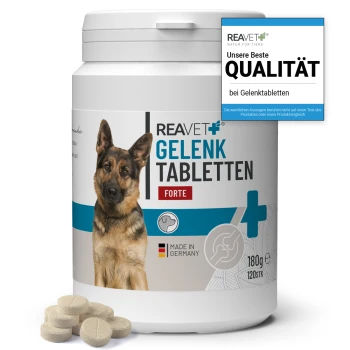 Behälter von REAVET Gelenk Tabletten Forte für Hunde, mit einem Deutschen Schäferhund auf dem Etikett, mit Tabletten davor.