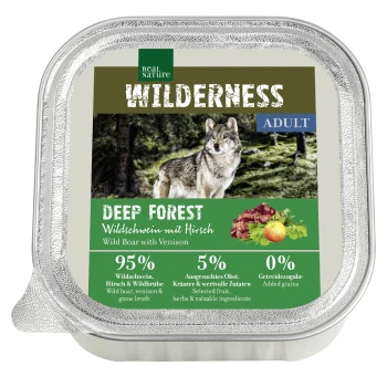 WILDERNESS Adult Wildschwein mit Hirsch 16x100 g Tierfutterbehälter mit der Aufschrift "Wilderness Deep Forest" mit einem Wolf, der "Wildschwein mit Wildfleisch" angibt, 95% Wildschwein, 5% Früchte/Kräuter, 0% Getreide.
