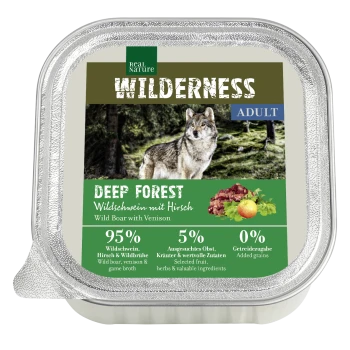 Tierfutterbehälter mit der Aufschrift "Wilderness Deep Forest" mit einem Wolf, der "Wildschwein mit Wildfleisch" angibt, 95% Wildschwein, 5% Früchte/Kräuter, 0% Getreide.