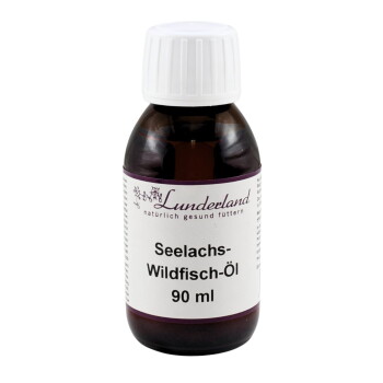 Braune Glasflasche mit weißem Verschluss, beschriftet mit "Lunderland" und "Seelachs-Wildfisch-Öl 90 ml".